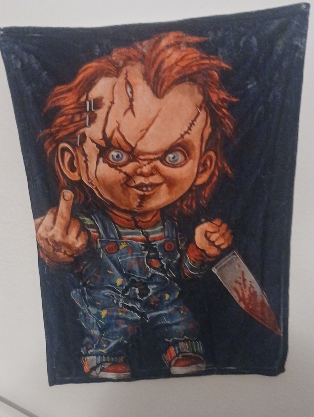 Chucky Horror Graphic Tapestry - Black Background, Orange Hair Backside Is White